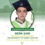Congratulations to our student Berk Sarı on receiving an offer from the University of Surrey (UK) for the Electrical and Electronic Engineering program